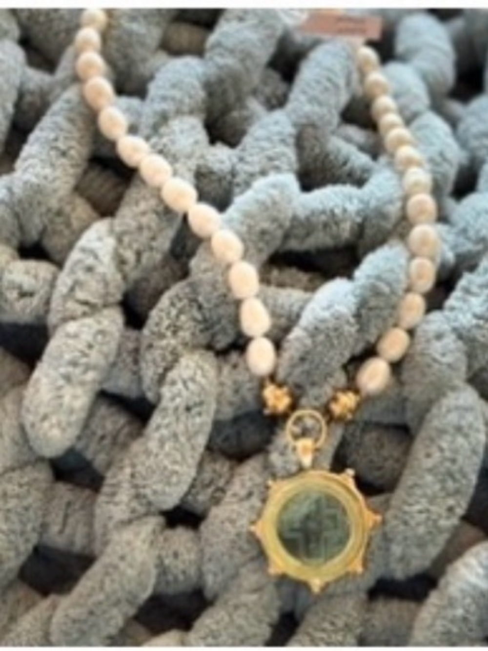 RARE! Venetian Glass with cross Coin Intaglio Pearl Necklace by Susan Shaw.